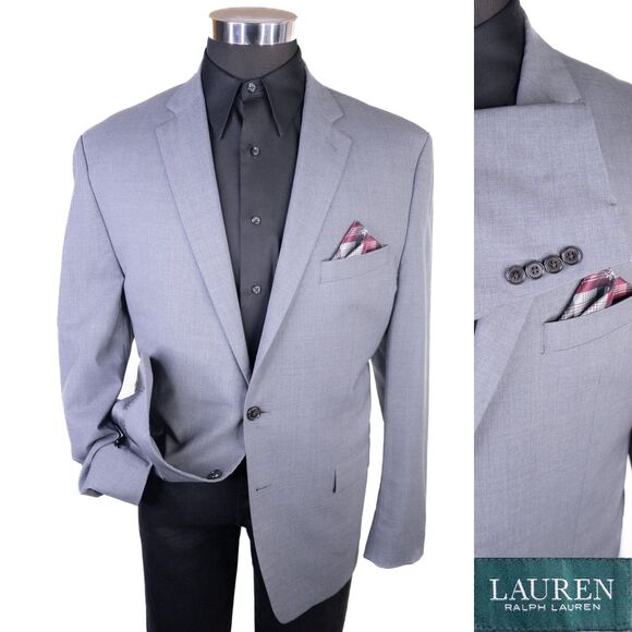 Ralph Lauren Solid Gray Suit Jacket Sport Coat Blazer Two Button Sz 46L Wool EUC - Picture 1 of 13